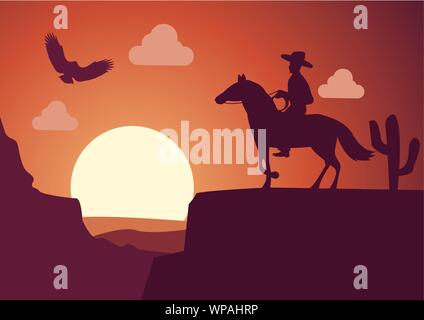 Silhouette Landschaft Cowboy in der Wüste bei Sonnenuntergang Stock Vektor