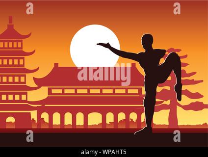 Chinese Boxing Kung Fu Kampfkunst berühmt Sport, Mönch der Bahn zu kämpfen, um mit den chinesischen Tempel, Sonnenuntergang silhouette Design Stock Vektor