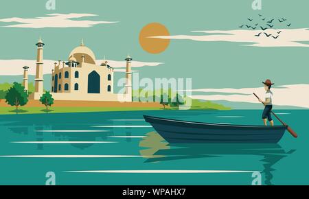 Man Ruderboot in der Nähe von Taj Mahal, Symbol der Liebe und der berühmten Wahrzeichen der Welt, vintage Farbe, Vektor, Abbildung Stock Vektor