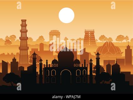 Indien Wahrzeichen silhouette Stil mit Zeile Design auf Sonnenuntergang, Vektor, Abbildung Stock Vektor