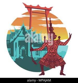 König der Riesen in der Pantomime, Marmor Tempel und Riesenschaukel, Wahrzeichen und Symbol von Thailand, für Tuch und Web Design, vintage Farbe, Vektor illustra Stock Vektor