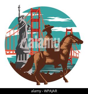 Cowboy, Freiheitsstatue und Golden Gate Bridge das Wahrzeichen der Stadt und Symbol der USA, für Tuch und Web Design, vintage Farbe, Vektor, Abbildung Stock Vektor