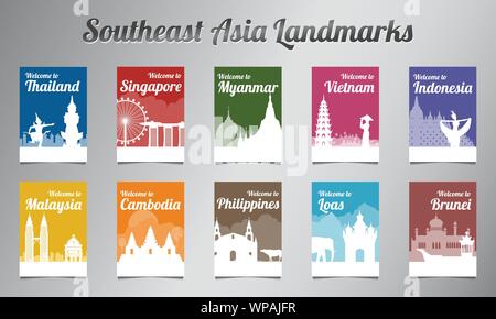 ASEAN Wahrzeichen silhouette Design mit Multi Color style Broschüre, Vektor, Abbildung Stock Vektor