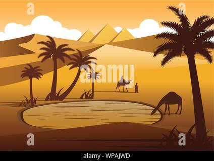 Kamel Wasser trinken in der Oase Wüste in der Nähe der Pyramiden, silhouette Design, Vektor, Abbildung Stock Vektor