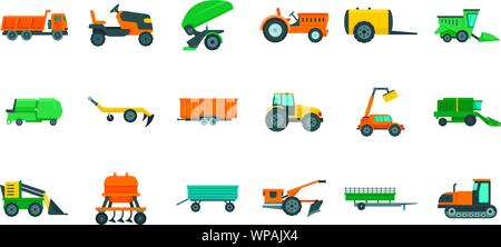 Landwirtschaftliche Maschinen Symbole gesetzt. Flachbild mit landwirtschaftlichen Maschinen Vector Icons für Web Design Stock Vektor