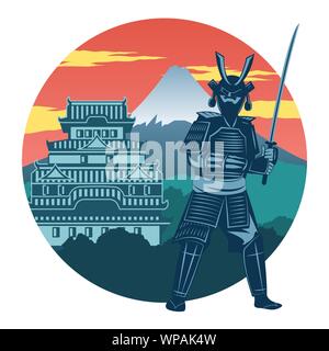 Samurai, majestätischen Imperial Palace und Fuji Berg berühmten Wahrzeichen und Symbol Japans, für Tuch und Web Design, vintage Farbe, Vektor, Abbildung Stock Vektor