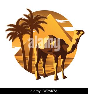 Kamel, Pyramide und Wüste Wahrzeichen und Symbol von Ägypten, für Tuch und Web Design, vintage Farbe, Vektor, Abbildung Stock Vektor