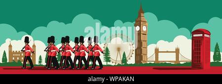 Englischer Soldat, rote Telefonzelle, Big Ben und berühmten Land Mark von England, Nationalflagge Farbe, Silhouette Design, Vektor, Abbildung Stock Vektor
