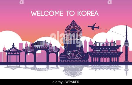 Wahrzeichen von Südkorea, Reiseziel, silhouette Design, lila und rosa Farbverlauf Farbe, Vektor, Abbildung Stock Vektor