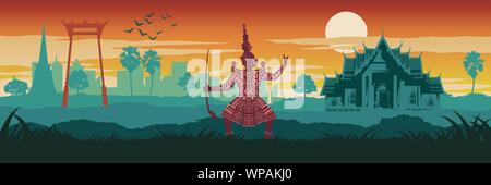 Top berühmt und Symbol von Thailand, König der Riesen in der Pantomime, Marmor Tempel und Giant Swing in Stadt Landschaft, vintage Farbe, Silhouette Design, Vektor illu Stock Vektor