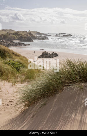 Die fernen Tŵr Mawr Leuchtturm auf llanddwyn Island Teil von staplehurst Warren National Nature Reserve, Anglesey, North Wales, UK Stockfoto