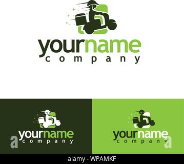 Logo Fast Food Delivery, ein Mann reitet einen Roller. Lieferung Symbol Stock Vektor