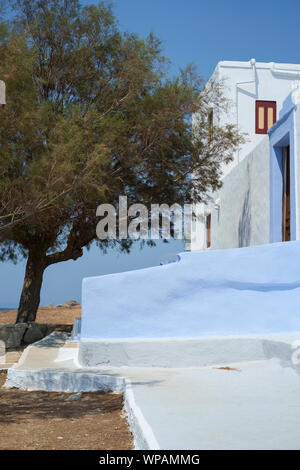 Symi Insel, Dodekanes, Griechenland. August 2019, Blick auf Kirche Vendres Stockfoto