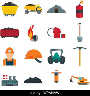 Steinkohlenbergbau Symbole gesetzt. Flachbild des Steinkohlenbergbaus Vector Icons für Web Design Stock Vektor