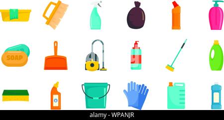 Reinigungsmittel geräte Symbole gesetzt. Flachbild sauberer Ausstattung Vector Icons für Web Design Stock Vektor