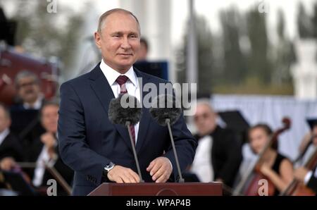 Moskau, Russland. 07. September 2019. Der russische Präsident Wladimir Putin Adressen der Nation während der Stadt Moskau Tag feiern im Messegelände VDNKh September 7, 2019 in Moskau, Russland. Credit: Aleksey Nikolskyi/Kreml Pool/Alamy leben Nachrichten Stockfoto