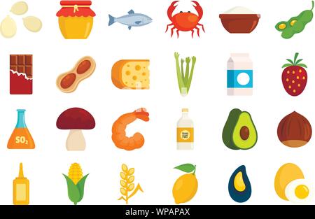 Nahrungsmittelallergie Symbole gesetzt. Flachbild der Nahrungsmittelallergie Vector Icons für Web Design Stock Vektor