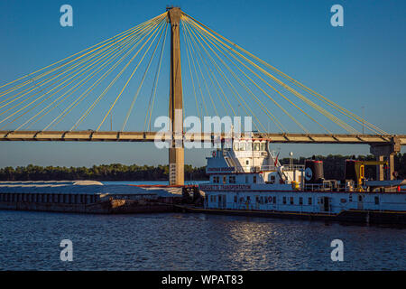 Barge Traffic auf dem Mississippi Fluss an der neuen Mississippi River Bridge August 29, 2019 in St. Louis, Missouri, USA. Eine typische Barke trägt 1500 Tonnen Fracht, die 15 Mal größer ist als der Schienenbus und 60 Mal höher als bei einem Lkw-anhänger. Eine durchschnittliche Fluss schleppen auf dem Mississippi Fluss ist 15 Lastkähne, bestehend aus 5 Kähne zusammen gebunden und 3 nebeneinander. Die gleiche Last würde einen Zug 3 Meilen lange oder Linie der Nutzfahrzeuge ausdehnen mehr als 35 Meilen. Stockfoto