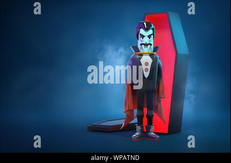 Ein vampir halloween Figur stand neben einem Sarg. 3D-Darstellung. Stockfoto