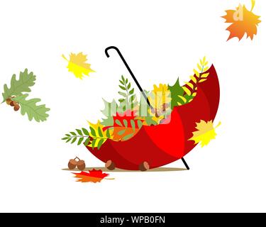 Herbst. Helle Regenschirm mit Herbst Laub gefüllt Invertiert. Vector Illustration Stock Vektor