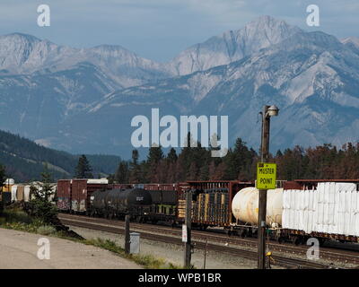 Güterzug durch Jasper, Alberta, Kanada. Die schneebedeckten Rocky Mountains im Hintergrund. Stockfoto