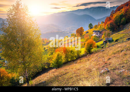 Malerische Landschaft Herbst Landschaft, ländliche Dorf und bunten Wald mit hohen Bergen im Hintergrund bei Sonnenuntergang, Magura Bergdorf in der Nähe von Stockfoto
