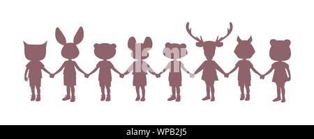 Silhouette von acht Kindern halten sich an den Händen, mit Tierköpfen, auf weißem Hintergrund Stock Vektor