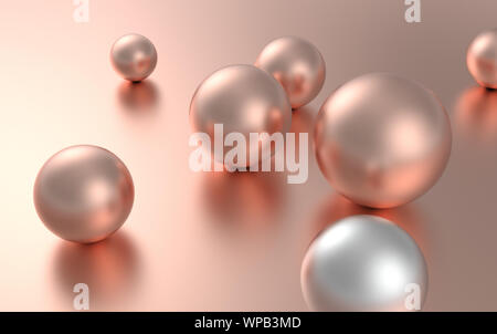 Silber Kugel Kugel unter rosa Kugel Kugeln aus der Masse heraus Konzept auf rosa Hintergrund mit Schatten und Reflexionen isoliert. 3D-Rendering. Stockfoto