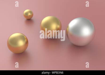 Silber Kugel Kugel unter Gold Kugel Kugeln aus der Masse heraus Konzept auf rosa Hintergrund mit Schatten und Reflexionen isoliert. 3D-Rendering. Stockfoto