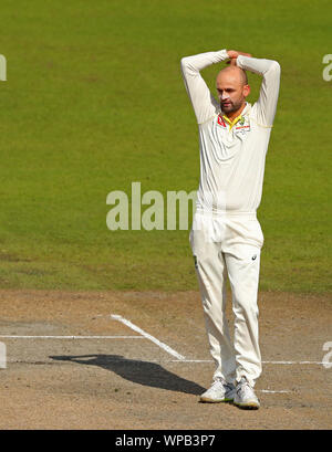 Manchester, Großbritannien. 08 Sep, 2019. Nathan Lyon von Australien reagiert während der Tag 5 der 4 Specsavers Asche Test übereinstimmen, in Old Trafford Cricket Ground, Manchester, England. Credit: ESPA/Alamy leben Nachrichten Stockfoto