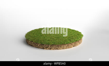 Realistische 3D-Rendern Kreis cutaway Gelände Etage mit Rock isoliert, 3D-Illustration runden Boden Boden Querschnitt mit Erde land und grüne Gras Stockfoto