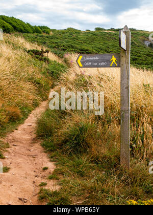 Ein Wegweiser auf dem walisischen Küstenweg auf Gower, zwischen Limeslade und Rotherslade Bay, Swansea, Wales, Großbritannien. Stockfoto