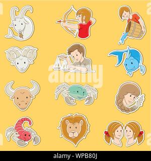 Vector Illustration der Aufkleber Designs von Cartoon Sternzeichen Stock Vektor
