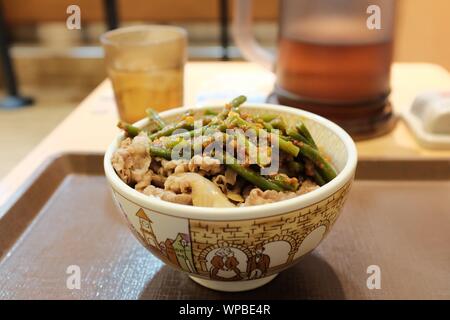 MATSUYAMA, Japan - 08.August 2019: eine selektive closeup geschossen von einem japanischen Gericht mit Fleisch und Gemüse in eine Schüssel geben. Stockfoto