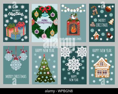 Weihnachten von Vektor Postkarte. Frohes Neues Jahr Postkarten und Winterurlaub Karten. Einladung zur Weihnachtsfeier, Poster oder Grußkarte. Stock Vektor
