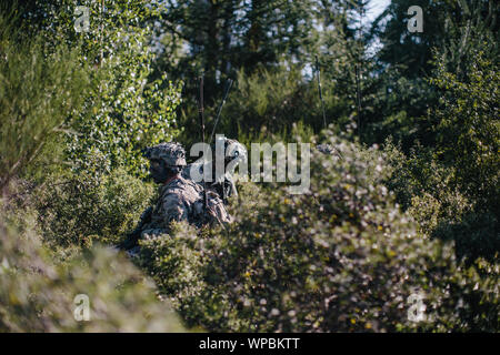 Us-Armee Fallschirmjäger zur 1. Staffel zugewiesen, 91st Cavalry Regiment, 173Rd Airborne Brigade für Bewegung während eines Unternehmens-kombinierte Waffen live-fire Übung in Grafenwöhr Training Area, Deutschland, 23. August 2019 vorbereiten. Die 173Rd Airborne Brigade ist der US-Armee Contingency Response Force in Europa, die schnell verlegbaren Truppen nach Europa, Afrika und Zentrale Befehle Verantwortungsbereiche. Vorwärts im Einsatz in Italien und Deutschland, die Brigade routinemäßig Züge neben den NATO-Verbündeten Partnerschaften aufzubauen und das Bündnis zu stärken. Stockfoto