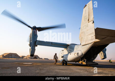 Eine Crew Chief mit Marine Medium Tiltrotor Squadron (VMM) 364, Special Purpose Marine Air-Ground Task Force-Crisis Antwort angehängt - Air Combat Element 19,2, inspiziert ein MV-22 Osprey vor der Logistik Mission in Kuwait, Sept. 4, 2019. Ein Marine Air Ground Task Force wurde speziell dafür entwickelt, in der Lage, Bereitstellung von Luft, Boden und Logistik Kräfte in einem Augenblick. (U.S. Marine Corps Foto von Sgt. Kyle C. Talbot) Stockfoto