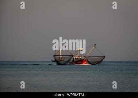 Ein Fisch Trawler in der Nordsee, im Wattenmeer bei Sonnenuntergang auf der Insel Ameland Stockfoto