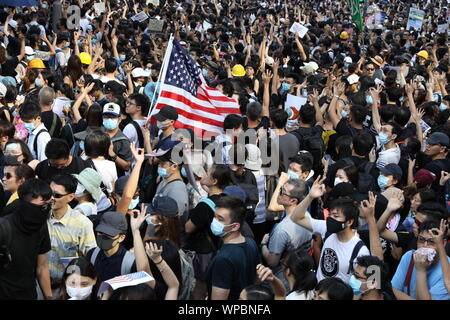 Hongkong, China. 8. Sep 2019. Hong Kong Demonstranten Rallye, bei der Unterstützung einer vorgeschlagenen Gesetzentwurf der USA für die Hong Kong Menschenrechte und Demokratie handeln. In Central Hongkong am 8. September 2019. Quelle: David Coulson/Alamy leben Nachrichten Stockfoto