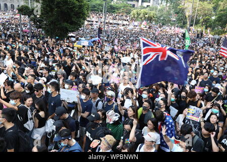 Hongkong, China. 8. Sep 2019. Hong Kong Demonstranten Rallye, bei der Unterstützung einer vorgeschlagenen Gesetzentwurf der USA für die Hong Kong Menschenrechte und Demokratie handeln. In Central Hongkong am 8. September 2019. Quelle: David Coulson/Alamy leben Nachrichten Stockfoto