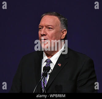 Manhattan, Kansas, USA, September 6, 2019. Vereinigte Staaten Staatssekretär Michael R. Pompeo liefert die erste Alfred M. Landon Vortrag des Schuljahres an der Kansas State University, Kredit: Mark Reinstein/MediaPunch Stockfoto