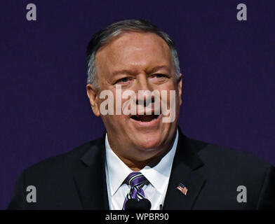 Manhattan, Kansas, USA, September 6, 2019. Vereinigte Staaten Staatssekretär Michael R. Pompeo liefert die erste Alfred M. Landon Vortrag des Schuljahres an der Kansas State University, Kredit: Mark Reinstein/MediaPunch Stockfoto