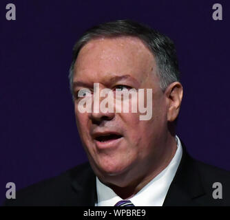 Manhattan, Kansas, USA, September 6, 2019. Vereinigte Staaten Staatssekretär Michael R. Pompeo liefert die erste Alfred M. Landon Vortrag des Schuljahres an der Kansas State University, Kredit: Mark Reinstein/MediaPunch Stockfoto