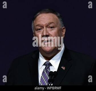 Manhattan, Kansas, USA, September 6, 2019. Vereinigte Staaten Staatssekretär Michael R. Pompeo liefert die erste Alfred M. Landon Vortrag des Schuljahres an der Kansas State University, Kredit: Mark Reinstein/MediaPunch Stockfoto