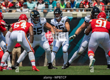 Jacksonville, FL, USA. 8. Sep 2019. Jacksonville Jaguars quarterback Gardner Minshew II. Während der ersten Hälfte NFL Football Spiel zwischen der Kansas City Chiefs und der Jacksonville Jaguars an tiaa Bank Feld in Jacksonville, FL. Romeo T Guzman/CSM/Alamy leben Nachrichten Stockfoto