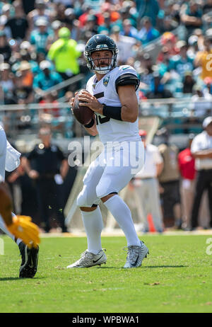 Jacksonville, FL, USA. 8. Sep 2019. Jacksonville Jaguars quarterback Gardner Minshew II. Während der ersten Hälfte NFL Football Spiel zwischen der Kansas City Chiefs und der Jacksonville Jaguars an tiaa Bank Feld in Jacksonville, FL. Romeo T Guzman/CSM/Alamy leben Nachrichten Stockfoto