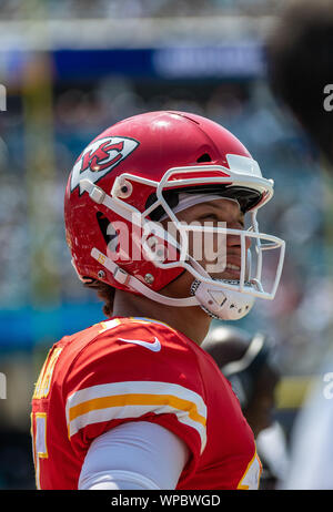 Jacksonville, FL, USA. 8. Sep 2019. Kansas City Chiefs Quarterback Patrick Mahomes (15) während der ersten Hälfte NFL Football Spiel zwischen der Kansas City Chiefs und der Jacksonville Jaguars an tiaa Bank Feld in Jacksonville, FL. Romeo T Guzman/CSM/Alamy leben Nachrichten Stockfoto