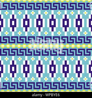 Meander Grenze formen Folk nahtlose Vektor Muster blau Textur. Geometrische Blöcke hellen Hintergrund drucken für Bekleidung und Textilien. Stock Vektor