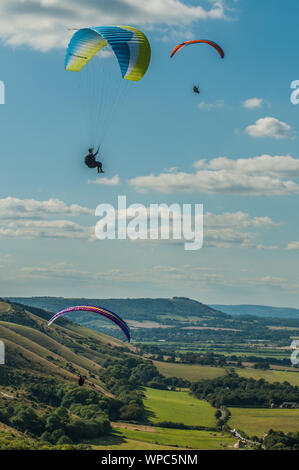 Devils Dyke, Brighton, Sussex, Großbritannien..8. September 2019. Ein glorreicher Nachmittag in den South Downs sahen viele Gleitschirmflieger auf dem Nordwind in die Luft. . Stockfoto