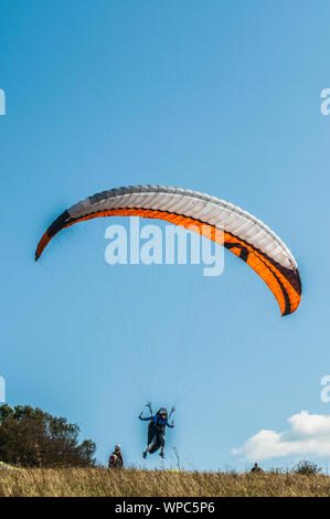 Devils Dyke, Brighton, Sussex, Großbritannien..8. September 2019. Ein glorreicher Nachmittag in den South Downs sahen viele Gleitschirmflieger auf dem Nordwind in die Luft. . Stockfoto